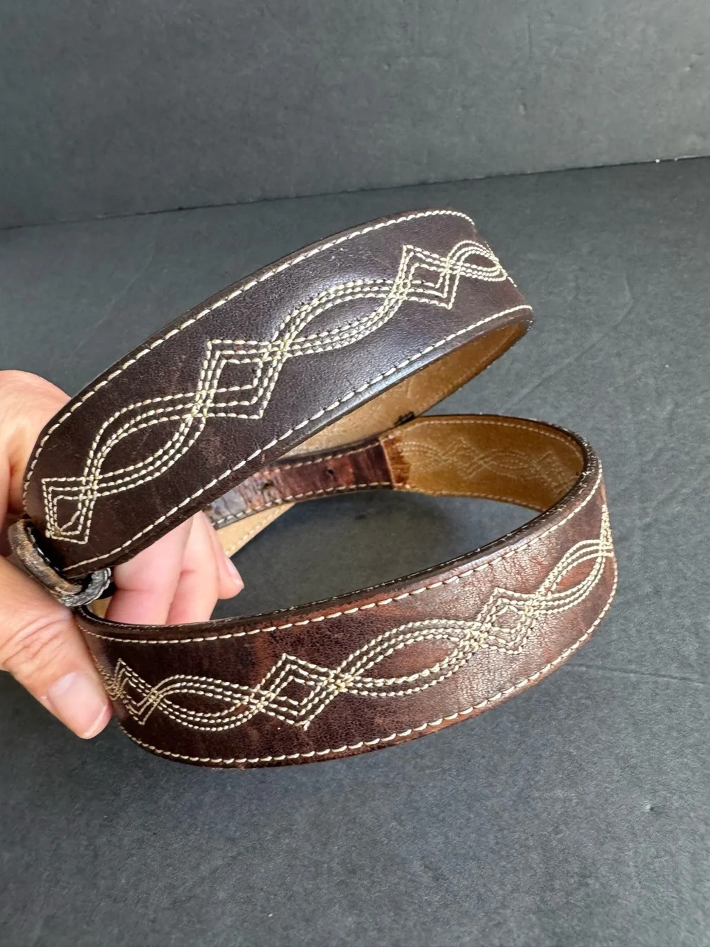 Vintage Brown Leather Belt Stitched Western Detail Unisex Womens Medium